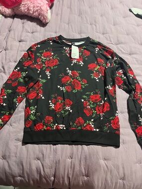 Women’s Black Crewneck Sweater with Red Rose Floral Print